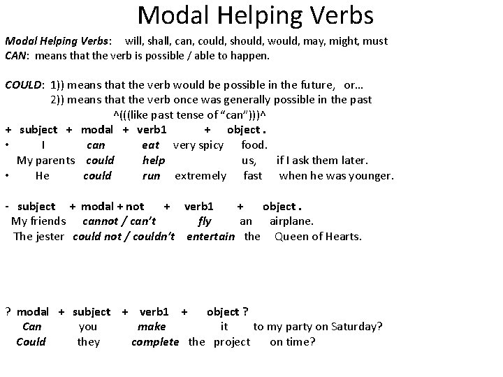 Modal Helping Verbs: will, shall, can, could, should, would, may, might, must CAN: means