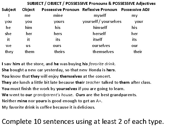 SUBJECT / OBJECT / POSSESSIVE Pronouns & POSSESSIVE Adjectives Subject Object Possessive Pronoun Reflexive