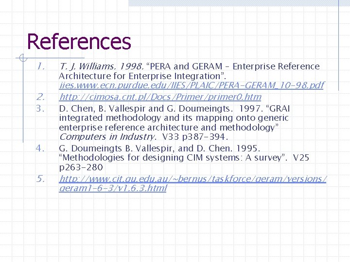 References 1. T. J. Williams. 1998. “PERA and GERAM – Enterprise Reference 2. iies.