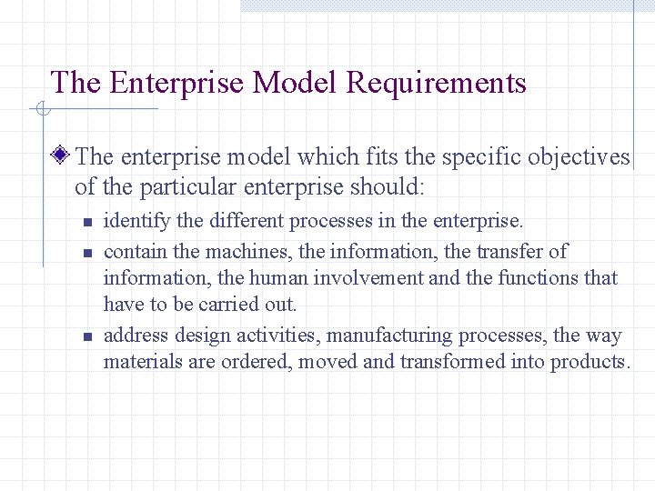 The Enterprise Model Requirements The enterprise model which fits the specific objectives of the