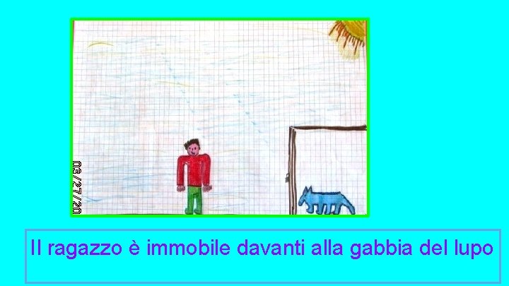 Il ragazzo è immobile davanti alla gabbia del lupo 