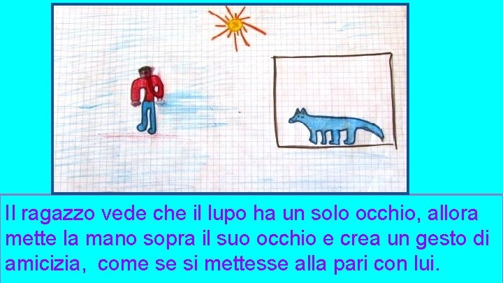 Il ragazzo vede che il lupo ha un solo occhio, allora mette la mano