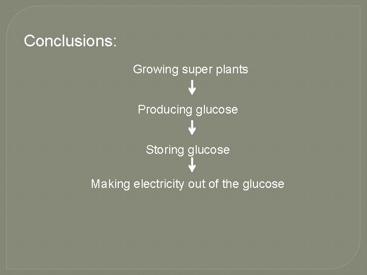 Conclusions: Growing super plants Producing glucose Storing glucose Making electricity out of the glucose