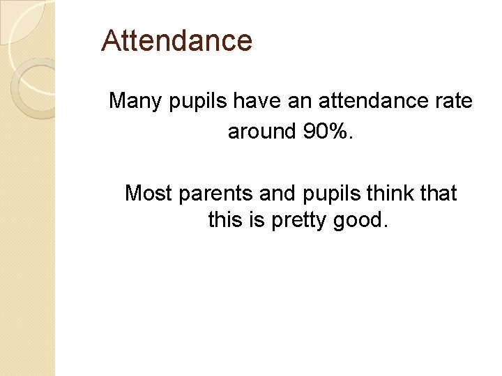 Attendance Many pupils have an attendance rate around 90%. Most parents and pupils think