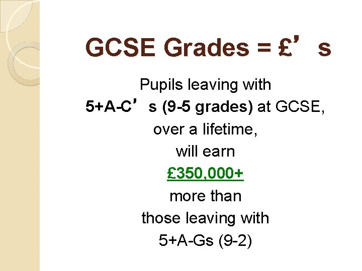 GCSE Grades = £’s Pupils leaving with 5+A-C’s (9 -5 grades) at GCSE, over