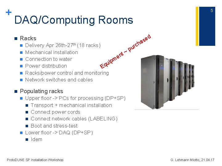 + 5 DAQ/Computing Rooms n Racks n n n n Delivery Apr 26 th-27