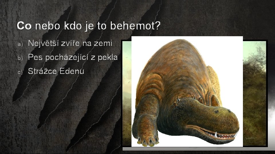 Co nebo kdo je to behemot? a) Největší zvíře na zemi b) Pes pocházející