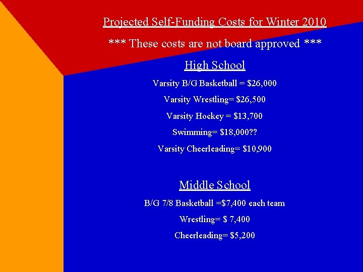 Projected Self-Funding Costs for Winter 2010 *** These costs are not board approved ***