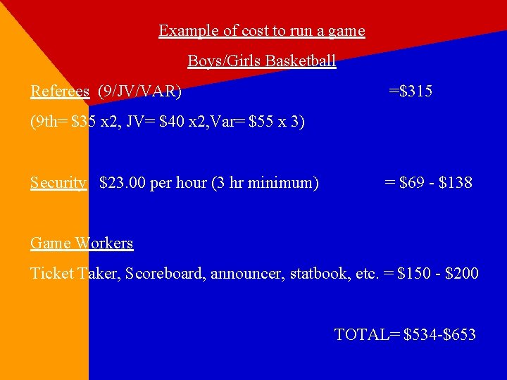 Example of cost to run a game Boys/Girls Basketball Referees (9/JV/VAR) =$315 (9 th=