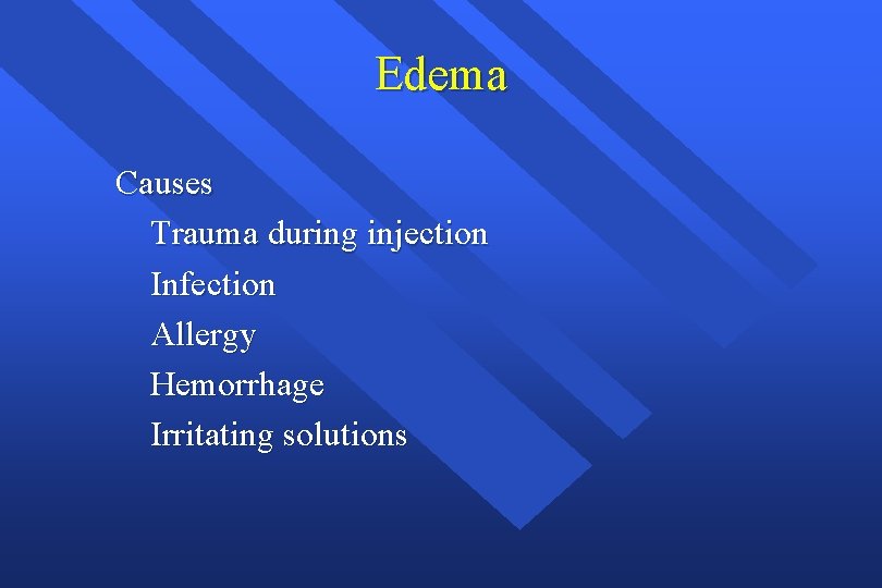 Edema Causes Trauma during injection Infection Allergy Hemorrhage Irritating solutions 