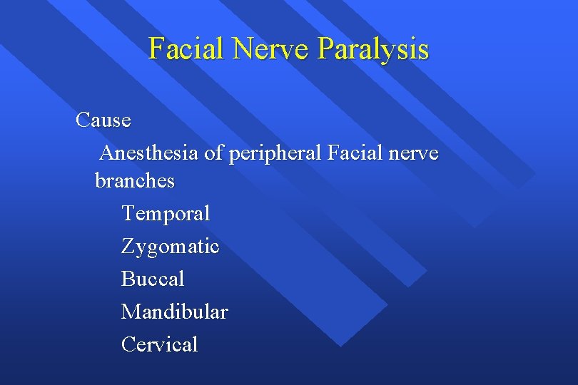 Facial Nerve Paralysis Cause Anesthesia of peripheral Facial nerve branches Temporal Zygomatic Buccal Mandibular