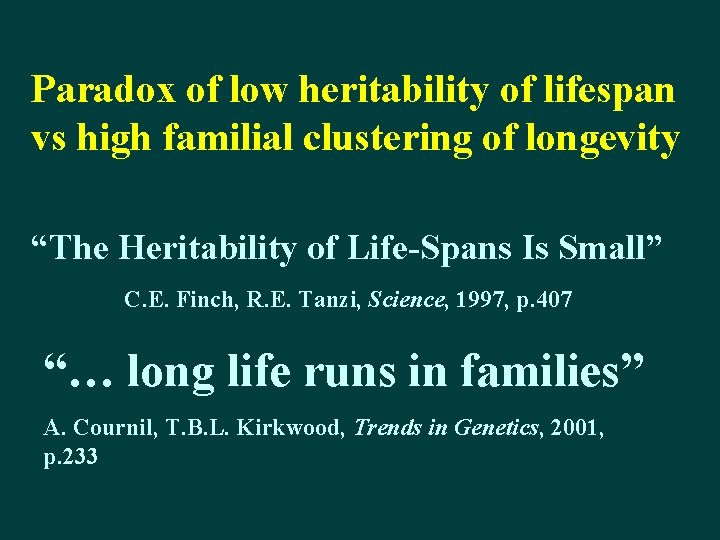Paradox of low heritability of lifespan vs high familial clustering of longevity “The Heritability Paradox of low heritability of lifespan vs high familial clustering of longevity “The Heritability