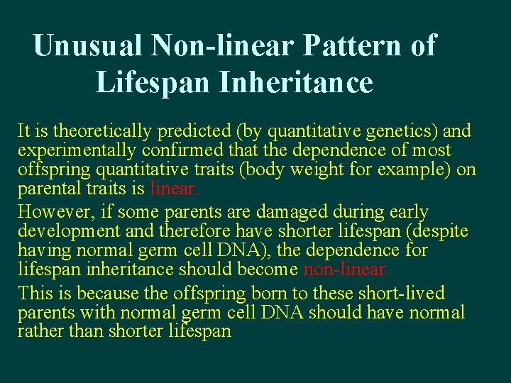 Unusual Non-linear Pattern of Lifespan Inheritance It is theoretically predicted (by quantitative genetics) and Unusual Non-linear Pattern of Lifespan Inheritance It is theoretically predicted (by quantitative genetics) and