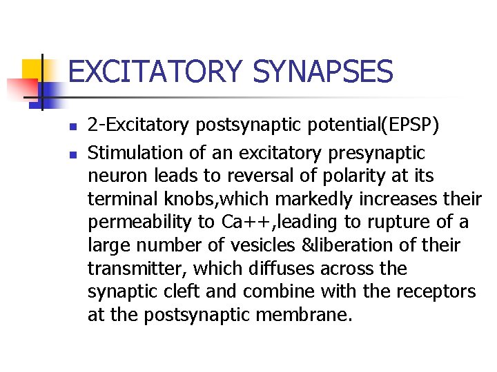 EXCITATORY SYNAPSES n n 2 -Excitatory postsynaptic potential(EPSP) Stimulation of an excitatory presynaptic neuron