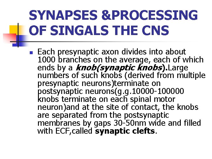 SYNAPSES &PROCESSING OF SINGALS THE CNS n Each presynaptic axon divides into about 1000