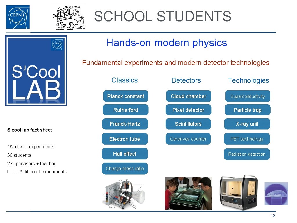 SCHOOL STUDENTS Hands-on modern physics Fundamental experiments and modern detector technologies Classics Detectors Technologies