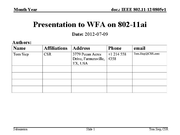 Month Year doc. : IEEE 802. 11 -12/0805 r 1 Presentation to WFA on