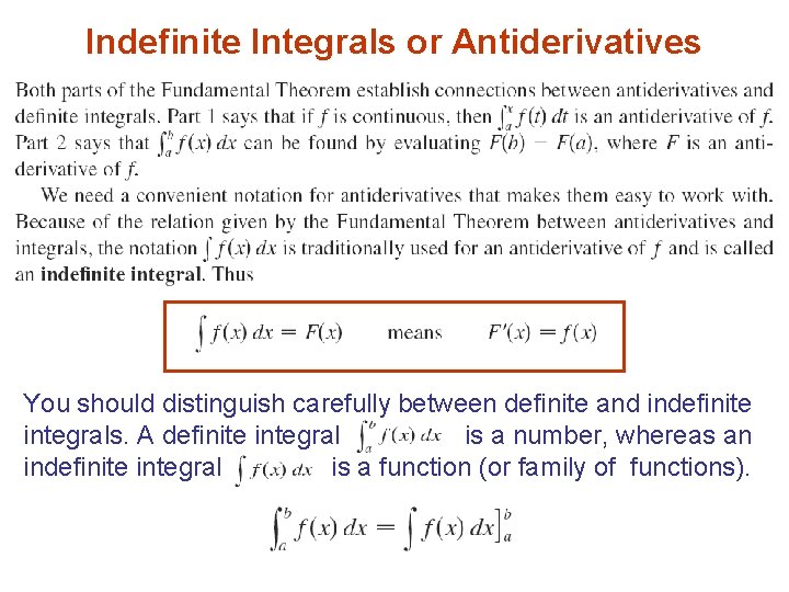 Indefinite Integrals or Antiderivatives You should distinguish carefully between definite and indefinite integrals. A