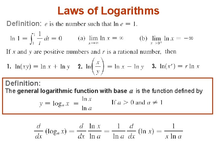 Laws of Logarithms Definition: The general logarithmic function with base is the function defined