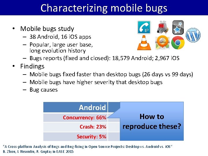 Characterizing mobile bugs • Mobile bugs study – 38 Android, 16 i. OS apps