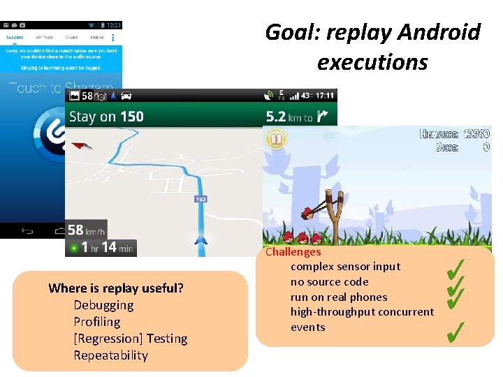 Goal: replay Android executions Where is replay useful? Debugging Profiling [Regression] Testing Repeatability Challenges