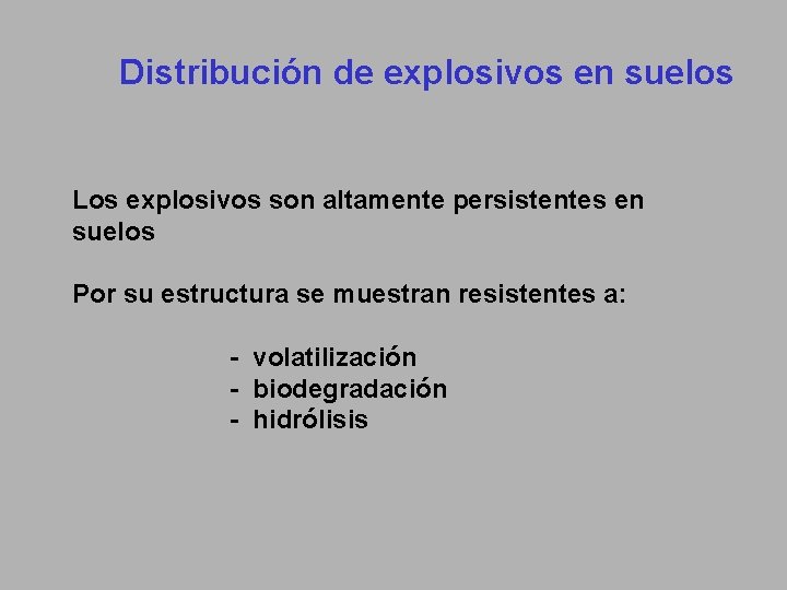 Distribución de explosivos en suelos Los explosivos son altamente persistentes en suelos Por su