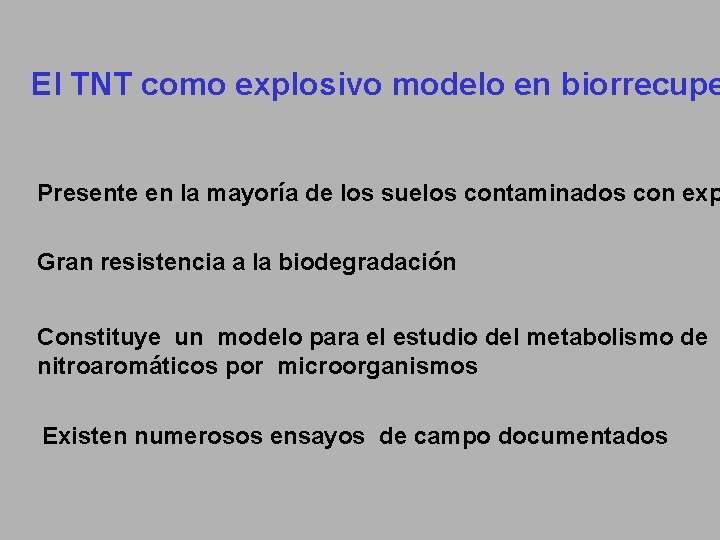 El TNT como explosivo modelo en biorrecupe Presente en la mayoría de los suelos