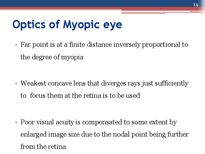 14 Optics of Myopic eye • Far point is at a finite distance inversely