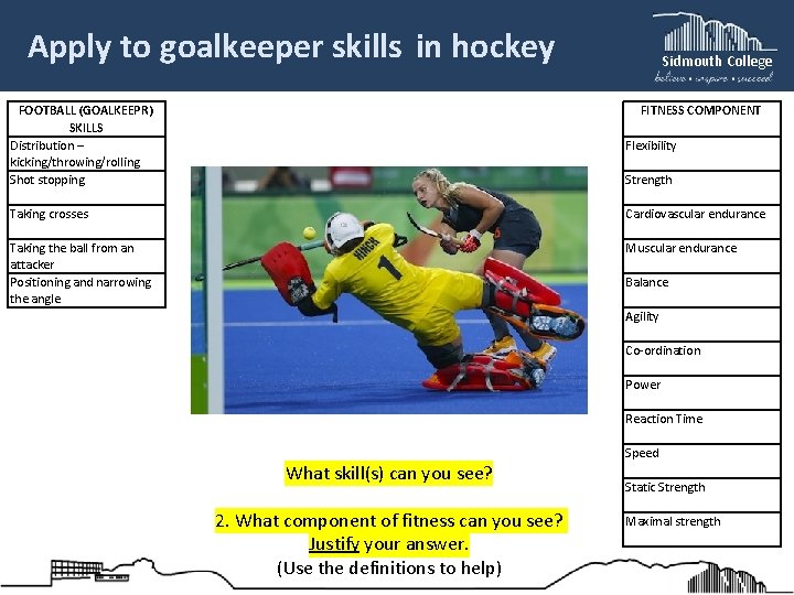 Apply to goalkeeper skills in hockey Sidmouth College FITNESS COMPONENT FOOTBALL (GOALKEEPR) SKILLS Distribution