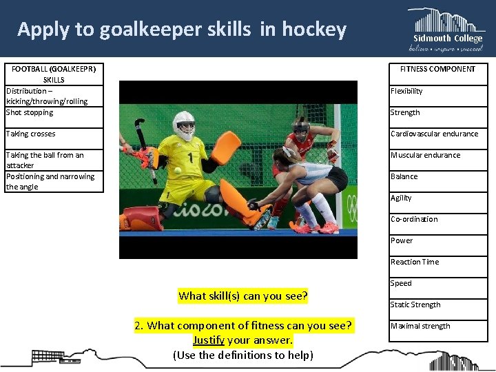 Apply to goalkeeper skills in hockey Sidmouth College FITNESS COMPONENT FOOTBALL (GOALKEEPR) SKILLS Distribution