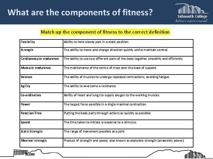 What are the components of fitness? Sidmouth College Match up the component of fitness