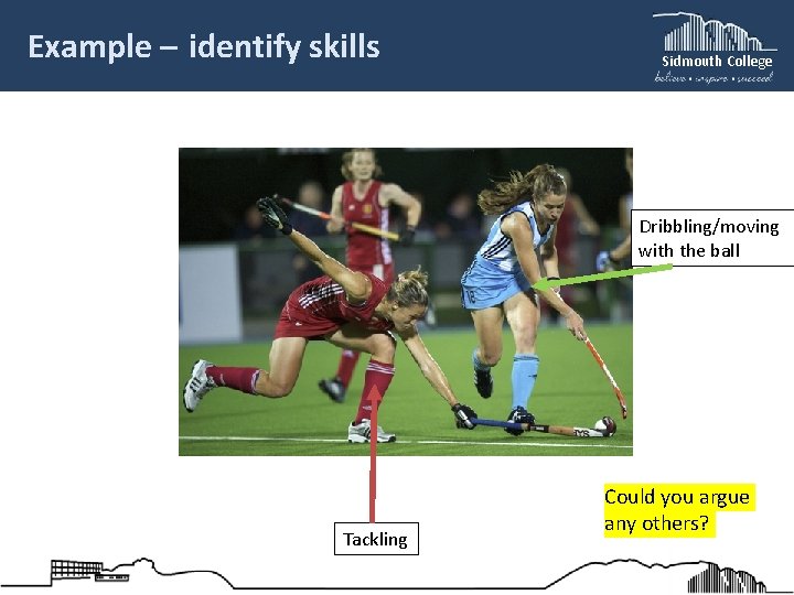 Example – identify skills Sidmouth College Dribbling/moving with the ball Tackling Could you argue