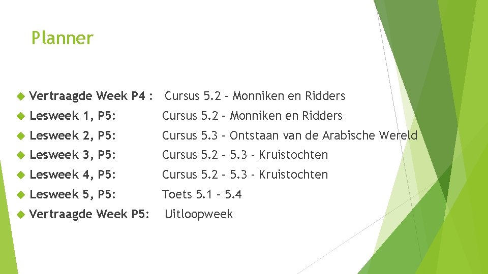 Planner Vertraagde Week P 4 : Cursus 5. 2 – Monniken en Ridders Lesweek