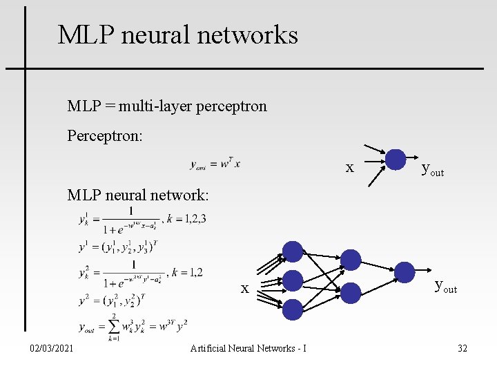 MLP neural networks MLP = multi-layer perceptron Perceptron: x yout MLP neural network: x