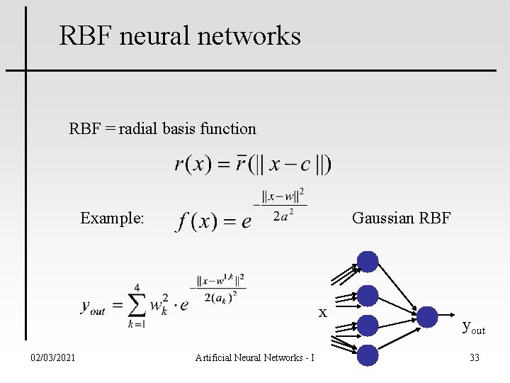 RBF neural networks RBF = radial basis function Example: Gaussian RBF x 02/03/2021 Artificial