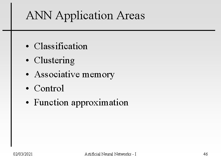 ANN Application Areas • • • 02/03/2021 Classification Clustering Associative memory Control Function approximation