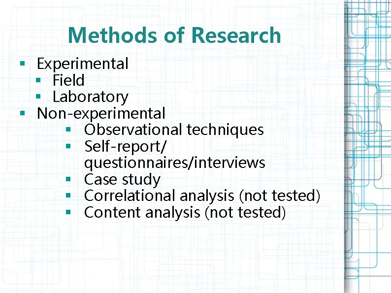 Methods of Research § Experimental § Field § Laboratory § Non-experimental § Observational techniques