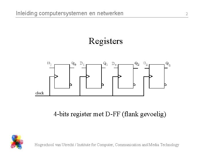 Inleiding computersystemen en netwerken Registers 4 -bits register met D-FF (flank gevoelig) Hogeschool van Inleiding computersystemen en netwerken Registers 4 -bits register met D-FF (flank gevoelig) Hogeschool van