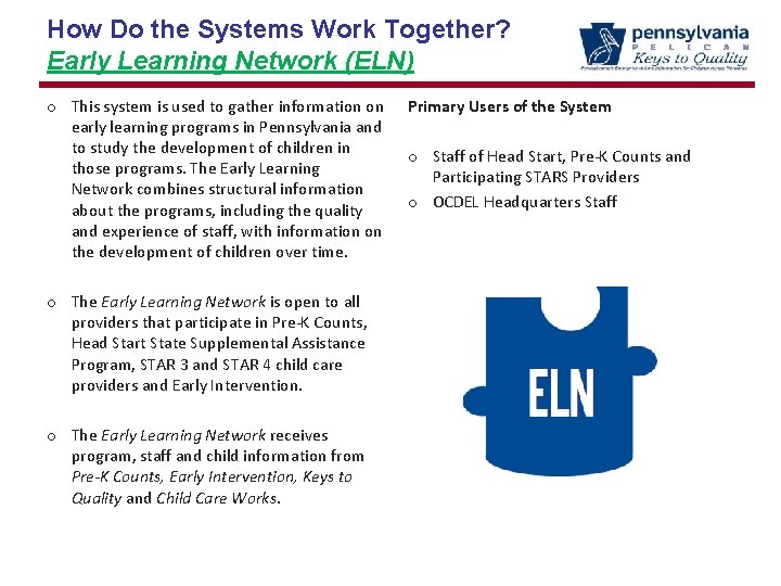 How Do the Systems Work Together? Early Learning Network (ELN) o This system is