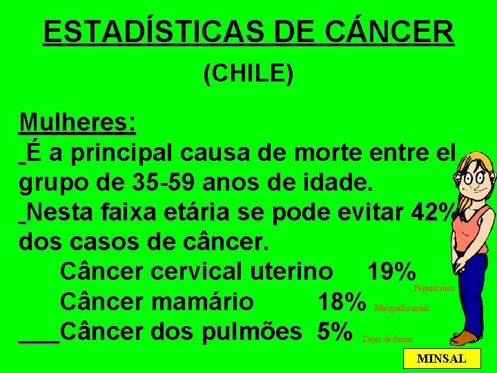 ESTADÍSTICAS DE CÁNCER (CHILE) Mulheres: É a principal causa de morte entre el grupo