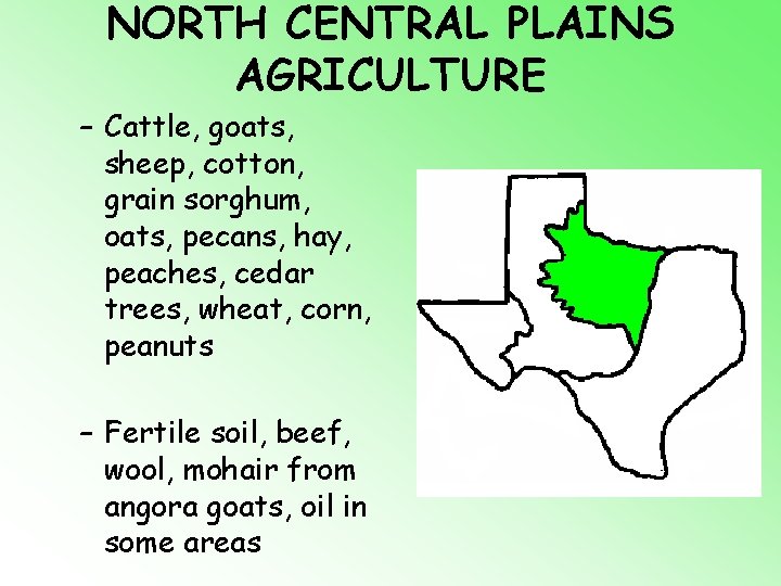 NORTH CENTRAL PLAINS AGRICULTURE – Cattle, goats, sheep, cotton, grain sorghum, oats, pecans, hay,