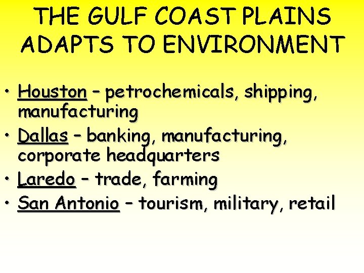 THE GULF COAST PLAINS ADAPTS TO ENVIRONMENT • Houston – petrochemicals, shipping, manufacturing •