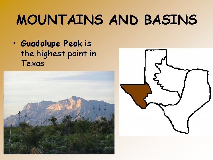 MOUNTAINS AND BASINS • Guadalupe Peak is the highest point in Texas 