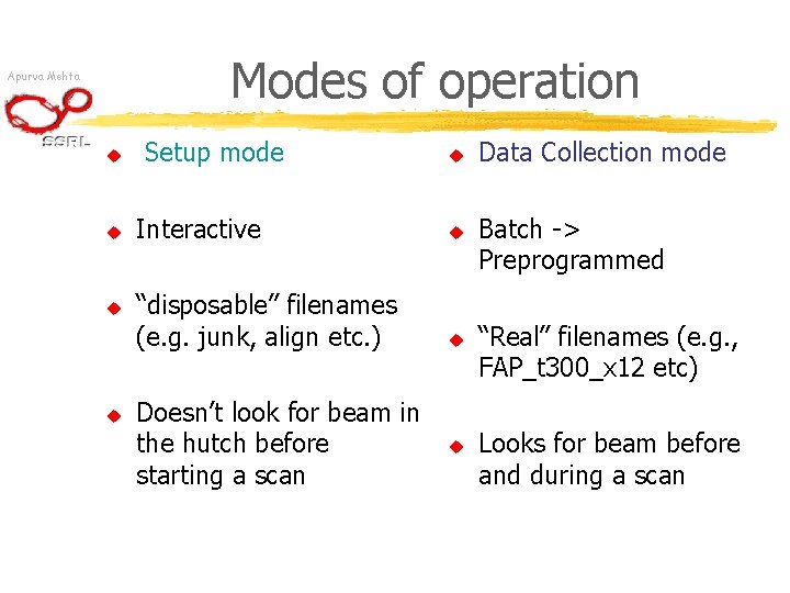 Modes of operation Apurva Mehta u u Setup mode u Interactive u “disposable” filenames