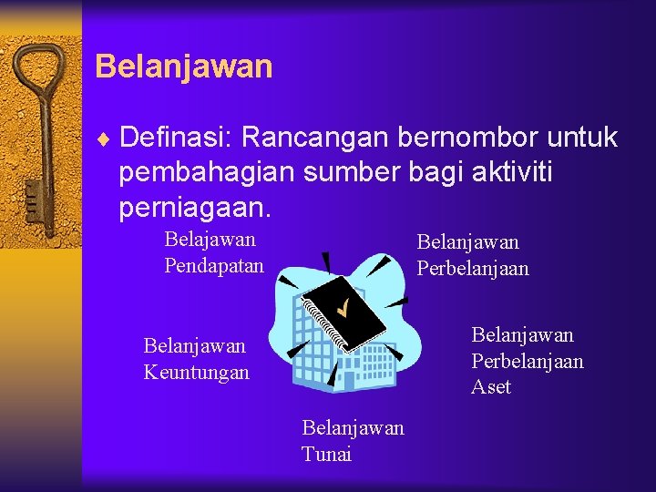 Belanjawan ¨ Definasi: Rancangan bernombor untuk pembahagian sumber bagi aktiviti perniagaan. Belajawan Pendapatan Belanjawan