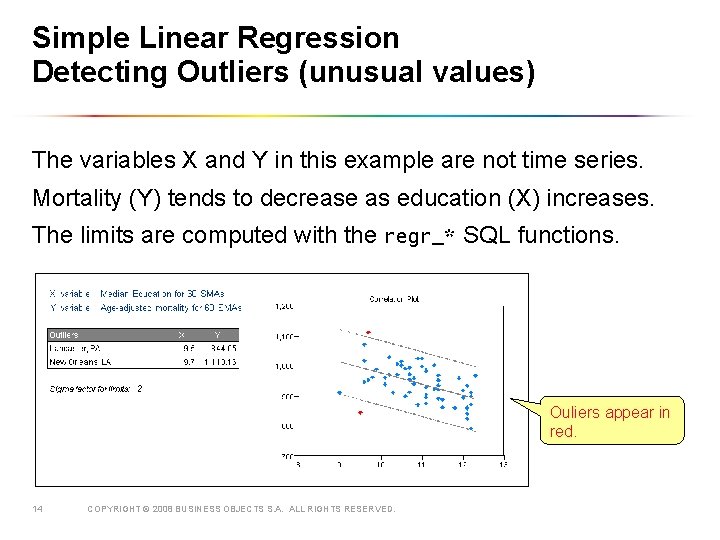 Simple Linear Regression Detecting Outliers (unusual values) The variables X and Y in this
