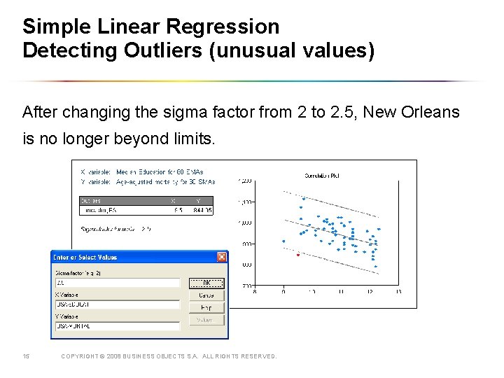 Simple Linear Regression Detecting Outliers (unusual values) After changing the sigma factor from 2