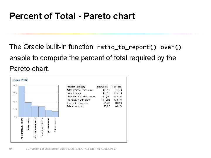 Percent of Total - Pareto chart The Oracle built-in function ratio_to_report() over() enable to