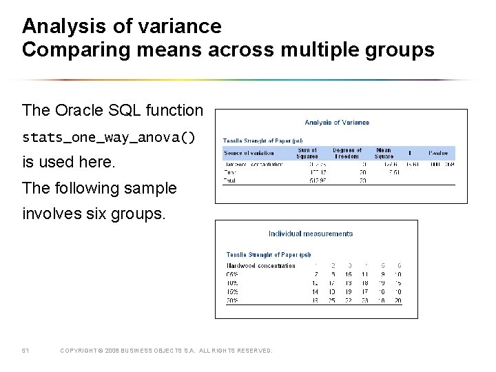 Analysis of variance Comparing means across multiple groups The Oracle SQL function stats_one_way_anova() is