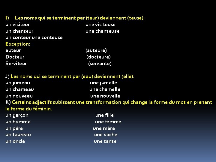 I) Les noms qui se terminent par (teur) deviennent (teuse). un visiteur une visiteuse